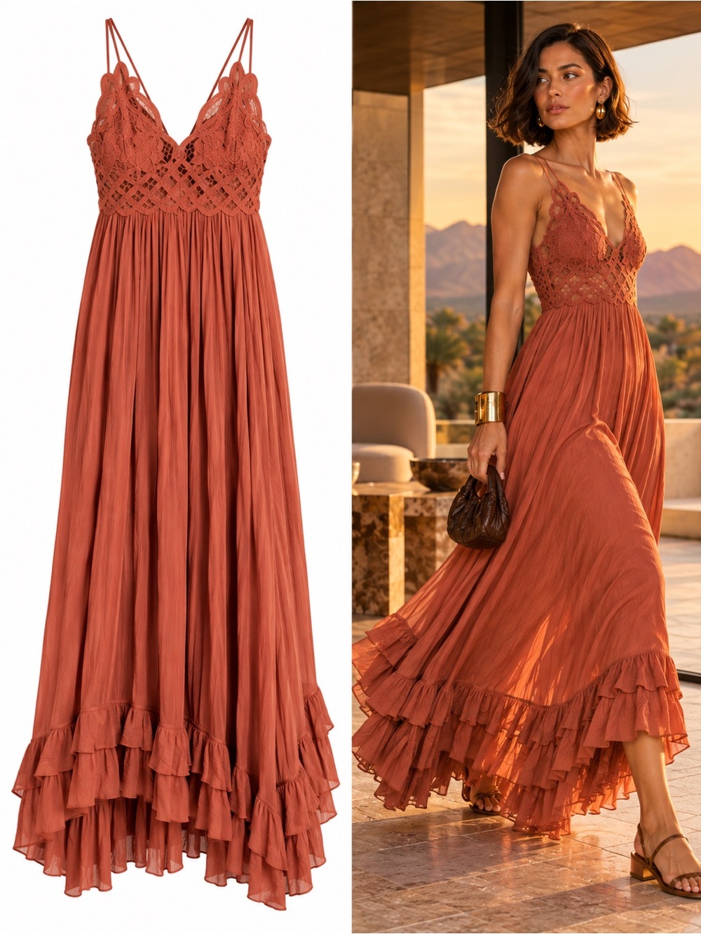 Free People Adella Maxi Dress Copper Lace Ruffle Boho Size Small Vacation Beach